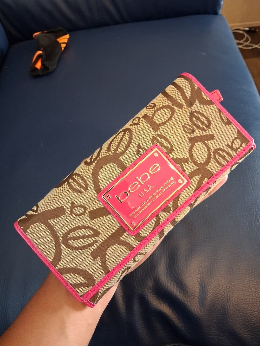 Y2k bebe Beige Monogram Card Holder with Bright Pink Trim
